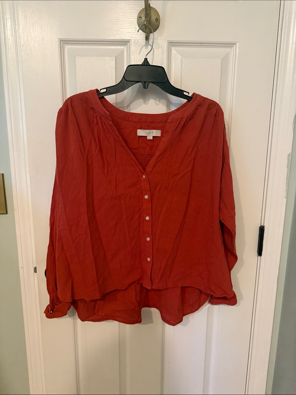LOFT Rust Button-Down V-Neck Peasant Blouse